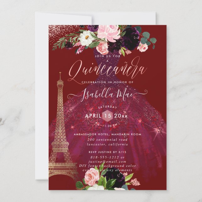 Quinceanera Eiffel Torn,  Burgundy Flowers Inbjudningar (Baksida)