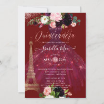 Quinceanera Eiffel Torn,  Burgundy Flowers