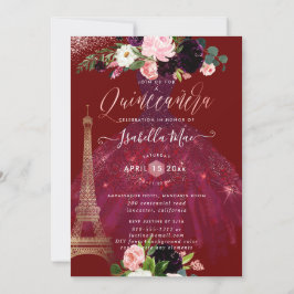 Quinceanera Eiffel Torn,  Burgundy Flowers Inbjudningar