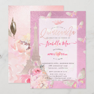 Quinceanera Eiffel Torn, Butterflies Inbjudningar