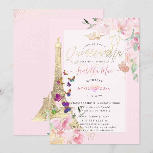 Quinceanera Eiffel Torn, Watercolor Butterflies Inbjudningar (Fram/baksida)