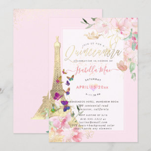 Quinceanera Eiffel Torn, Watercolor Butterflies Inbjudningar