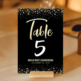 Quinceañera Elegant Black Guld Script Glitter Foil Bordsnummer