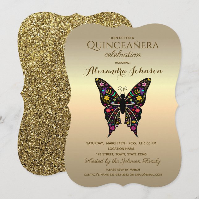 Quinceanera Elegant Black och Guld Inbjudningar (Fram/baksida)