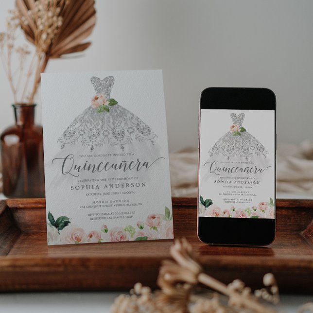 Quinceañera Elegant Blommigt Dress 15:e födelsedag Inbjudningar (Skapare uppladdad)