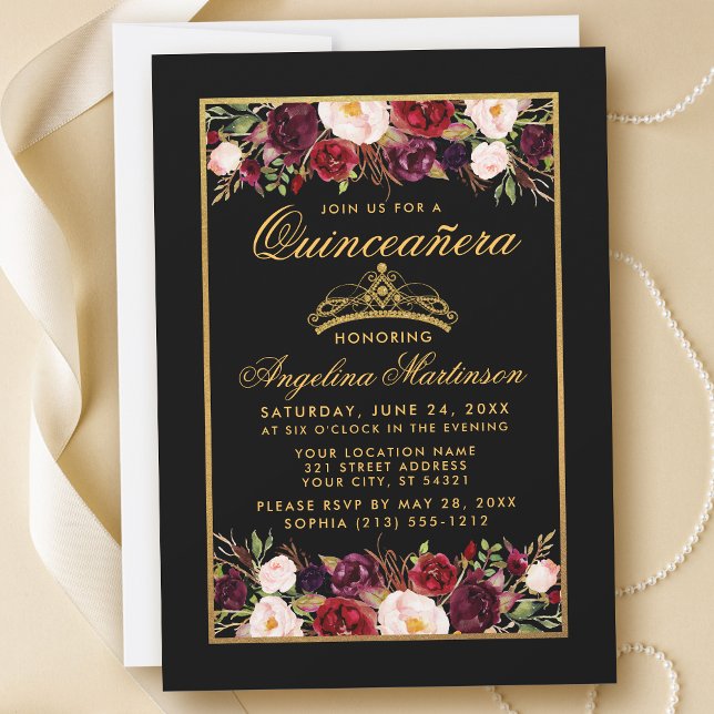 Quinceanera Elegant Blommigt Guld Ram Krona Black Inbjudningar (Skapare uppladdad)