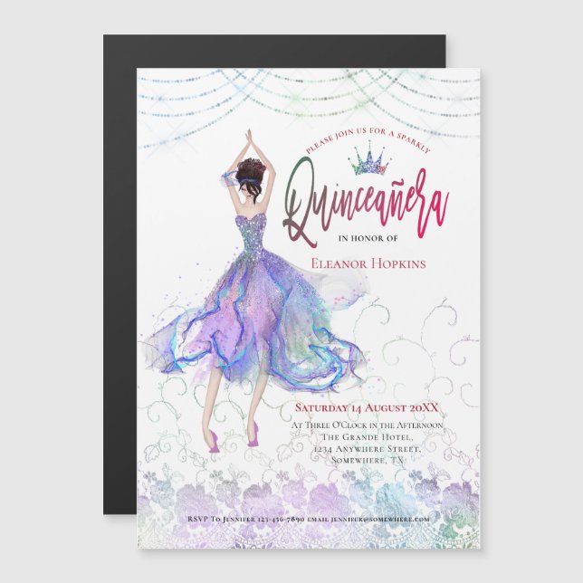 Quinceanera Elegant Blue Lilac Gown String Ljus Magnetisk Inbjudningskort (Fram/baksida)