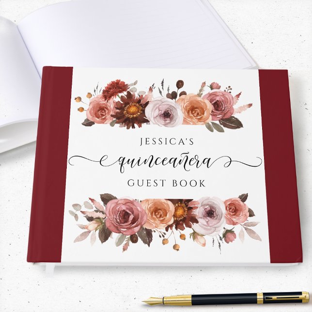 Quinceañera Elegant Burgundy och  Blommigt Gästböcker (Skapare uppladdad)