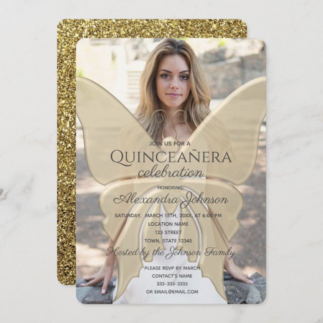 Quinceanera Elegant Butterfly Guld Glitter Photo Inbjudningar (Fram/baksida)