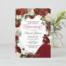 Quinceanera elegant charro burgundit vit blommigt inbjudningar