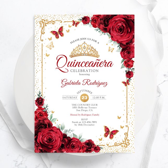 Quinceanera Elegant Chic Röd ros Guld Inbjudningar (Skapare uppladdad)