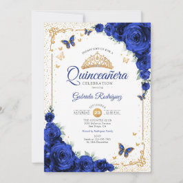  Quinceanera Elegant Chic Royal Blue Roses Gold Inbjudningar