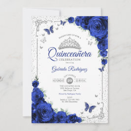  Quinceanera Elegant Chic Royal Blue Roses Silver Inbjudningar