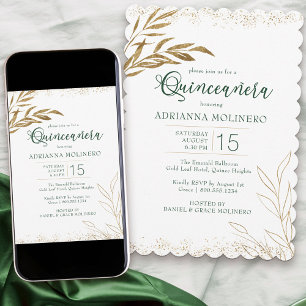 Quinceanera Elegant Emerald Grönt och Guld Löv Inbjudningar