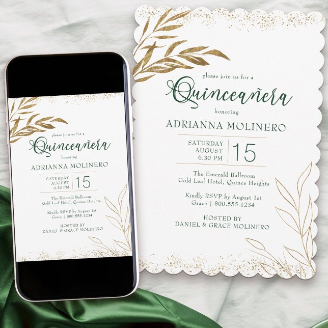 Quinceanera Elegant Emerald Grönt och Guld Löv Inbjudningar (Modern Quinceanera invitation in white gold and emerald green from my Gold Leaf Collection)
