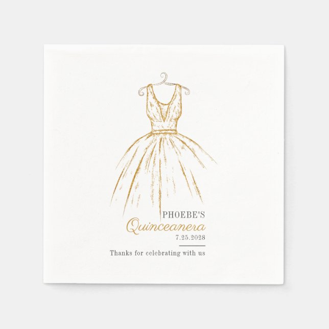 Quinceanera Elegant Guld Dress Script 15 Birthday Pappersservett (Framsidan)