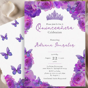 Quinceanera Elegant Lila Blommig Tiara XV 15 Inbjudningar