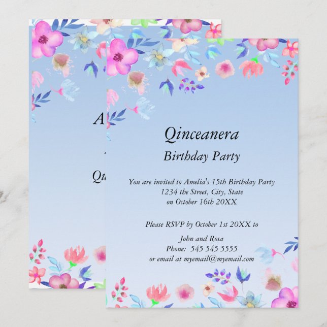 Quinceanera-Elegant och Modern födelsedagsfest blu Inbjudningar (Fram/baksida)
