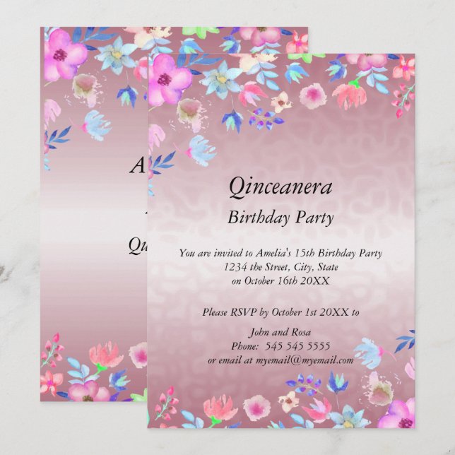 Quinceanera-Elegant och Modern födelsedagsfest-ros Inbjudningar (Fram/baksida)