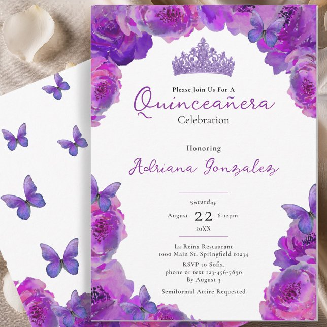 Quinceanera Elegant Purple Floral Tiara XV 15 Inbjudningar (Skapare uppladdad)