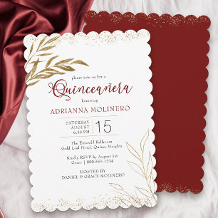 Quinceanera Elegant Red och Guld Löv Inbjudningar