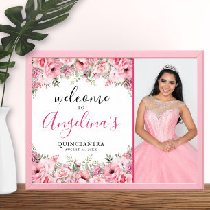 Quinceanera Elegant Rosa Blommig Välkomstskylt för Poster