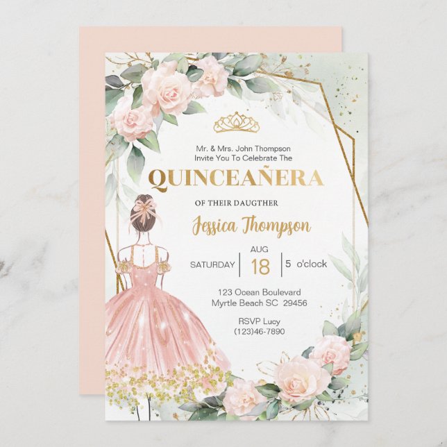 Quinceañera Elegant  Rosa Guld Blommigt Inbjudningar (Fram/baksida)