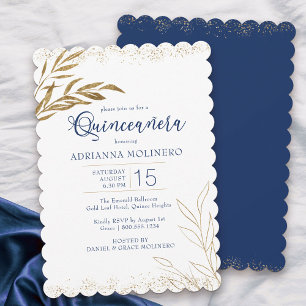 Quinceanera Elegant Royal Blue och Guld Löv Inbjudningar