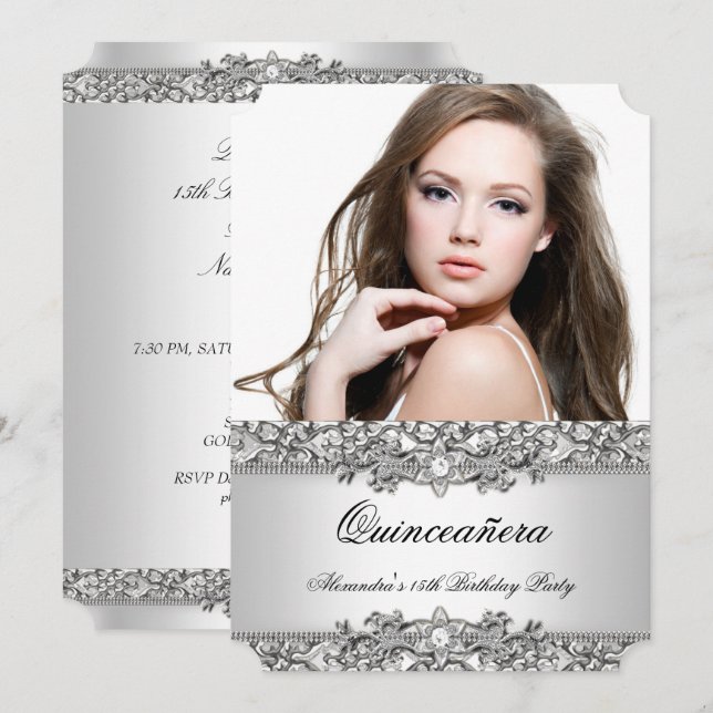 Quinceanera Elegant Silver Vit Diamant Foto 2 Inbjudningar (Fram/baksida)
