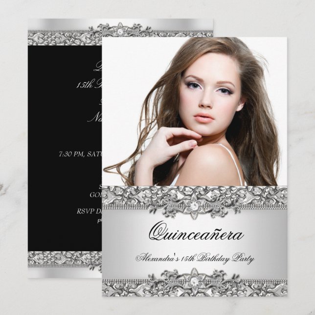 Quinceanera Elegant Silver Vitt Diamant Foto Inbjudningar (Fram/baksida)