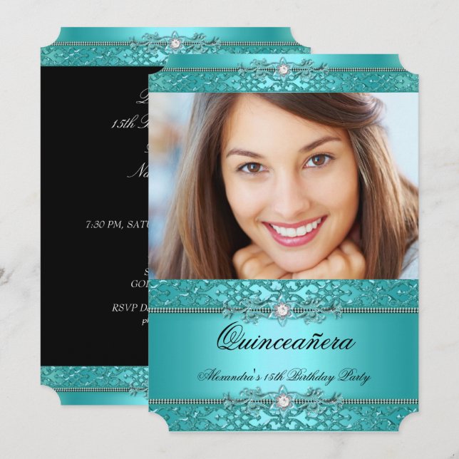 Quinceanera Elegant Teal Blue Diamond Photo Inbjudningar (Fram/baksida)