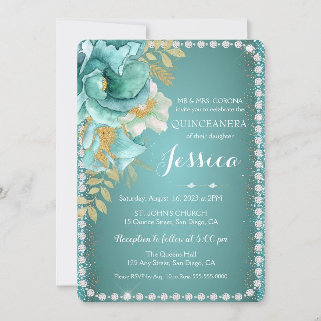 Quinceanera Elegant Teal Guld Blommigt Inbjudan (Framsida)