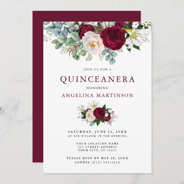 Quinceanera-Elegant Vattenfärgsburgundisk Blommigt Inbjudningar (Fram/baksida)