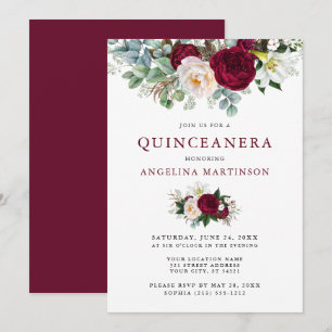 Quinceanera-Elegant Vattenfärgsburgundisk Blommigt Inbjudningar