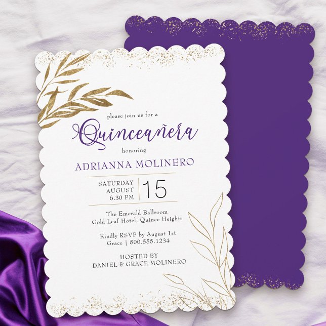 Quinceanera-Elegantens Lila och Guld Löv Inbjudningar (Modern Quinceanera invitation in white, purple and gold from my Gold Leaf Collection)