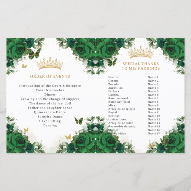 Quinceañera Emerald Blommigt Butterflies Program (Baksida)