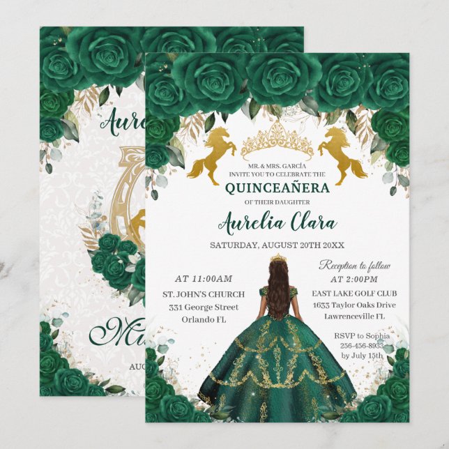 Quinceañera Emerald Blommigt Princess Guld Horses Inbjudningar (Fram/baksida)