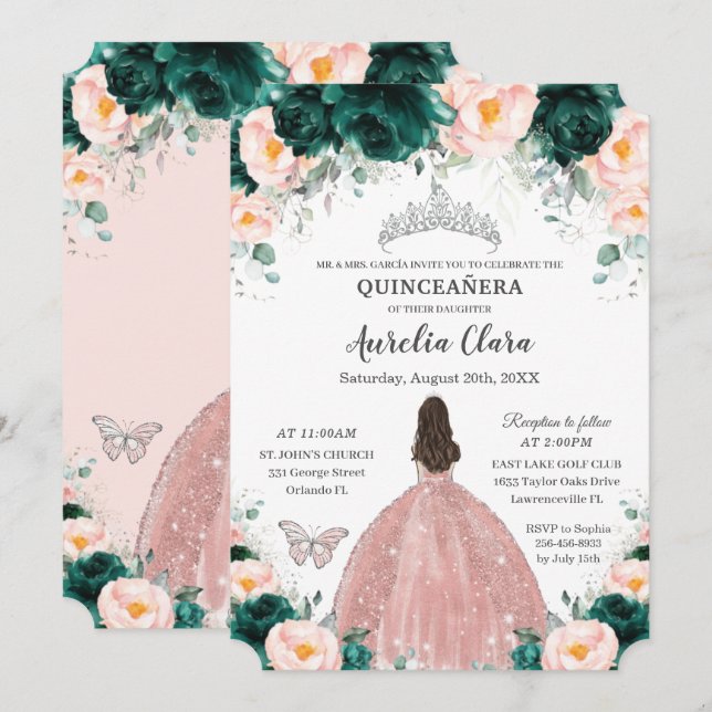 Quinceañera Emerald  Blommigt Princess Silver Inbjudningar (Fram/baksida)