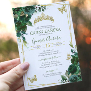 Quinceañera Emerald Forest Grönt Guld Butterfly Inbjudningar