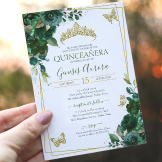 Quinceañera Emerald Forest Grönt Guld Butterfly Inbjudningar