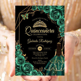 Quinceanera Emerald Gold Gold Dress Floral  Inbjudningar