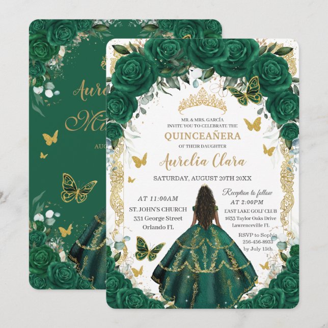 Quinceañera Emerald Green Floral Brown Princess  Inbjudningar (Fram/baksida)