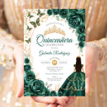 Quinceanera Emerald Green Gold Floral Inbjudningar<br><div class="desc">Emerald green,  gold and white Quinceanera celebration invitation. Features brunette girl in ball gown dress,  script font,  gold butterflies,  watercolor roses and tiara. Perfect for an elegant princess style glam celebration. Personalize with your own details. Printed Zazzle invitations or instant download digital printable template.</div>