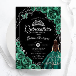 Quinceanera Emerald Green Silver Dress Floral Inbjudningar