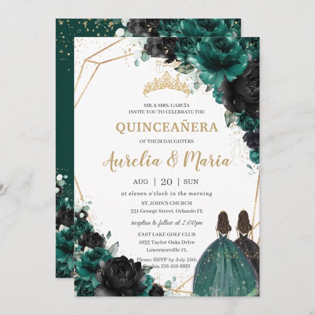 Quinceañera Emerald Grönt Black Blommigt Ro Twilli Inbjudningar (Fram/baksida)