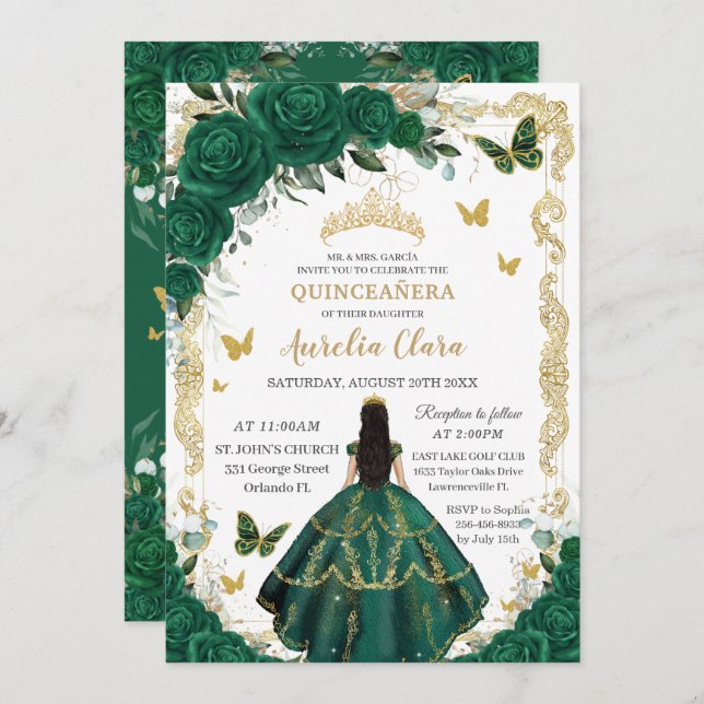 Quinceañera Emerald Grönt Blommigt Black Hair Guld Inbjudningar (Fram/baksida)