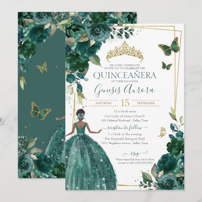 Quinceañera Emerald Grönt Blommigt Butterflies Dre Inbjudningar (Fram/baksida)