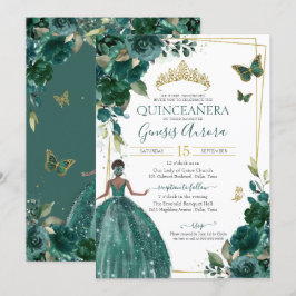 Quinceañera Emerald Grönt Blommigt Butterflies Dre Inbjudningar