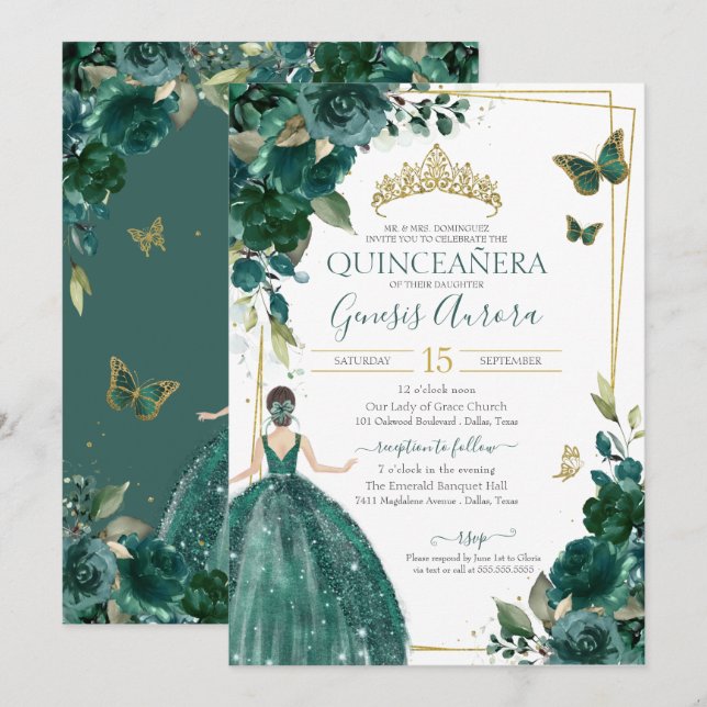 Quinceañera Emerald Grönt Blommigt Butterflies Dre Inbjudningar (Fram/baksida)