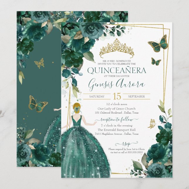Quinceañera Emerald Grönt Blommigt Butterflies Dre Inbjudningar (Fram/baksida)